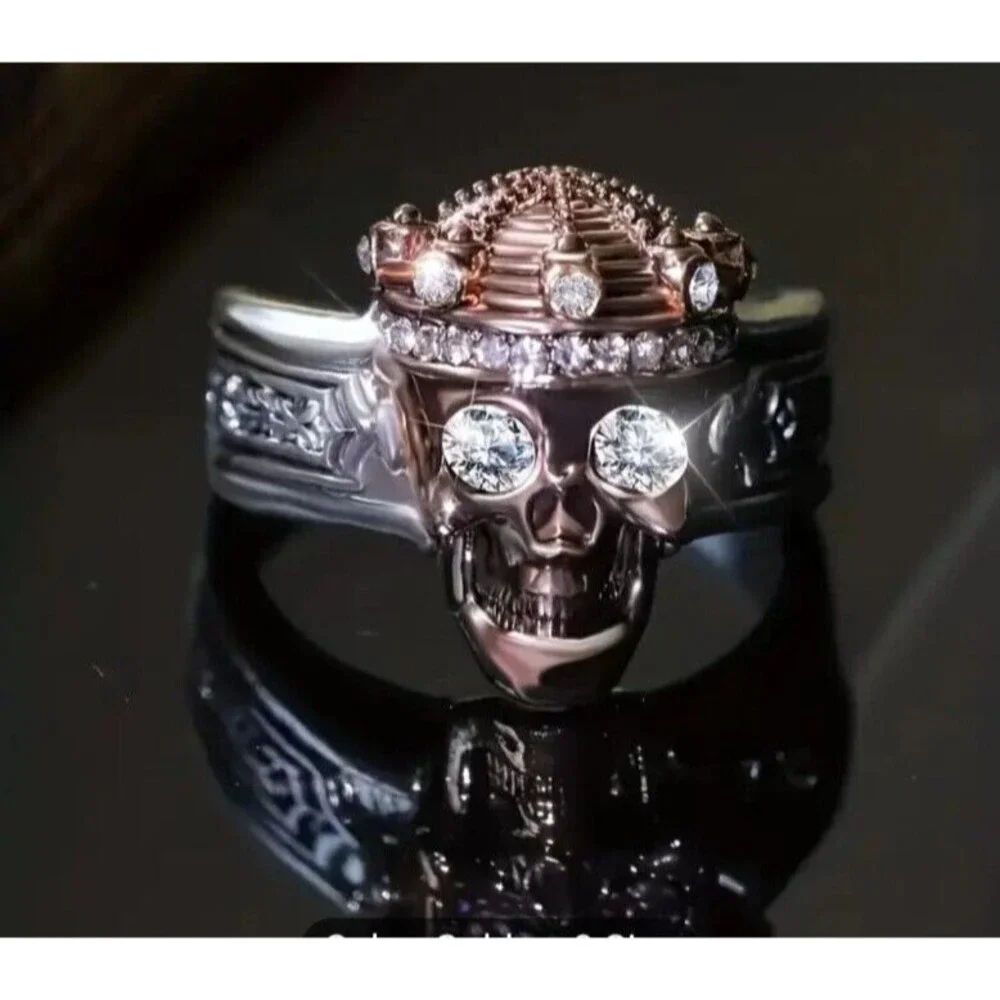 Men's Steel & Gold King SKULL Crystal Eye Ring Size 10 Halloween Biker
